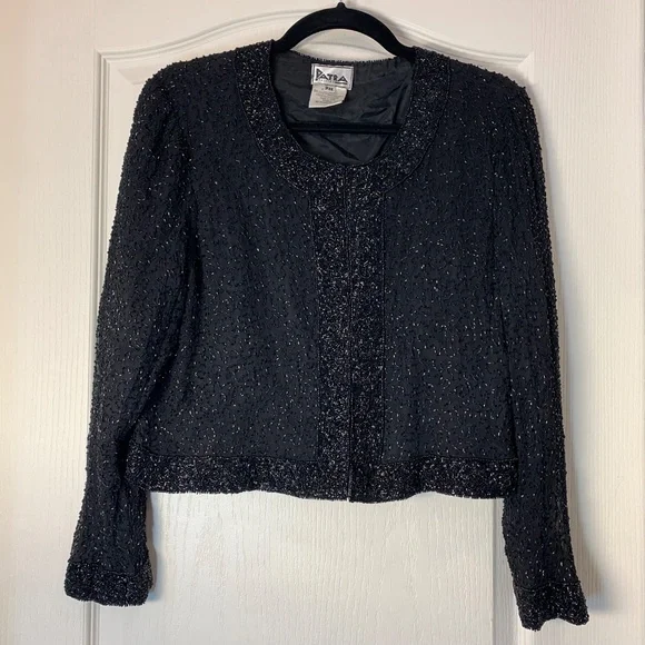 Vintage Patra Petite Black Beaded Silk Evening Jacket Cropped Size PM 80s 90s - Picture 3 of 16